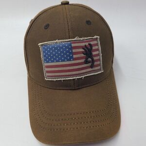Browning Hat Adjustable Brown Waxed Cotton American Flag Outdoors Hunt Fish Men